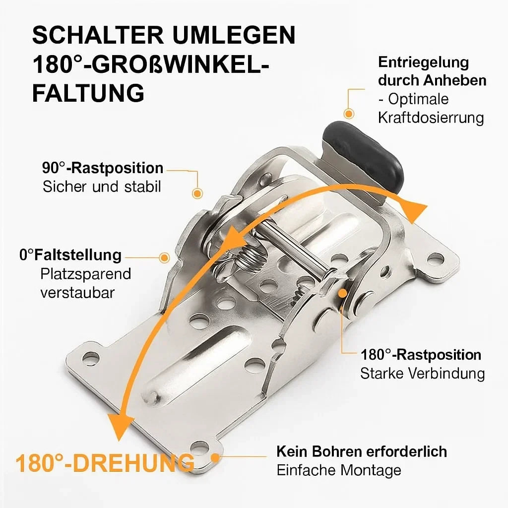 Mivoza auto-lock folding brackets, 90-degree heavy-duty self-locking furniture hinges, 2-pack with 225kg capacity, shown in open position.