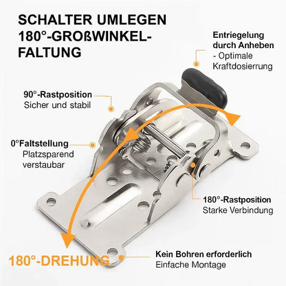 Mivoza auto-lock folding brackets, 90-degree heavy-duty self-locking furniture hinges, 2-pack with 225kg capacity, shown in open position.
