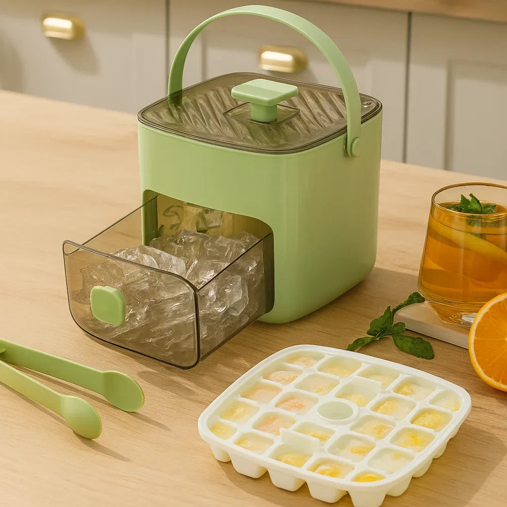 Mivoza ice cube tray with push function, large capacity, no-spill, easy release design for making 48 ice cubes in a kitchen setting.