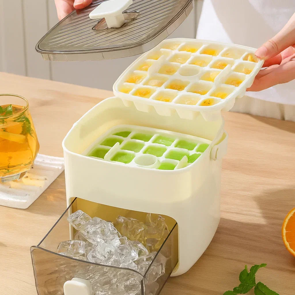 Mivoza ice cube tray with push function, large capacity stackable mold, no-spill design, 48 clear ice cubes in a kitchen setting.