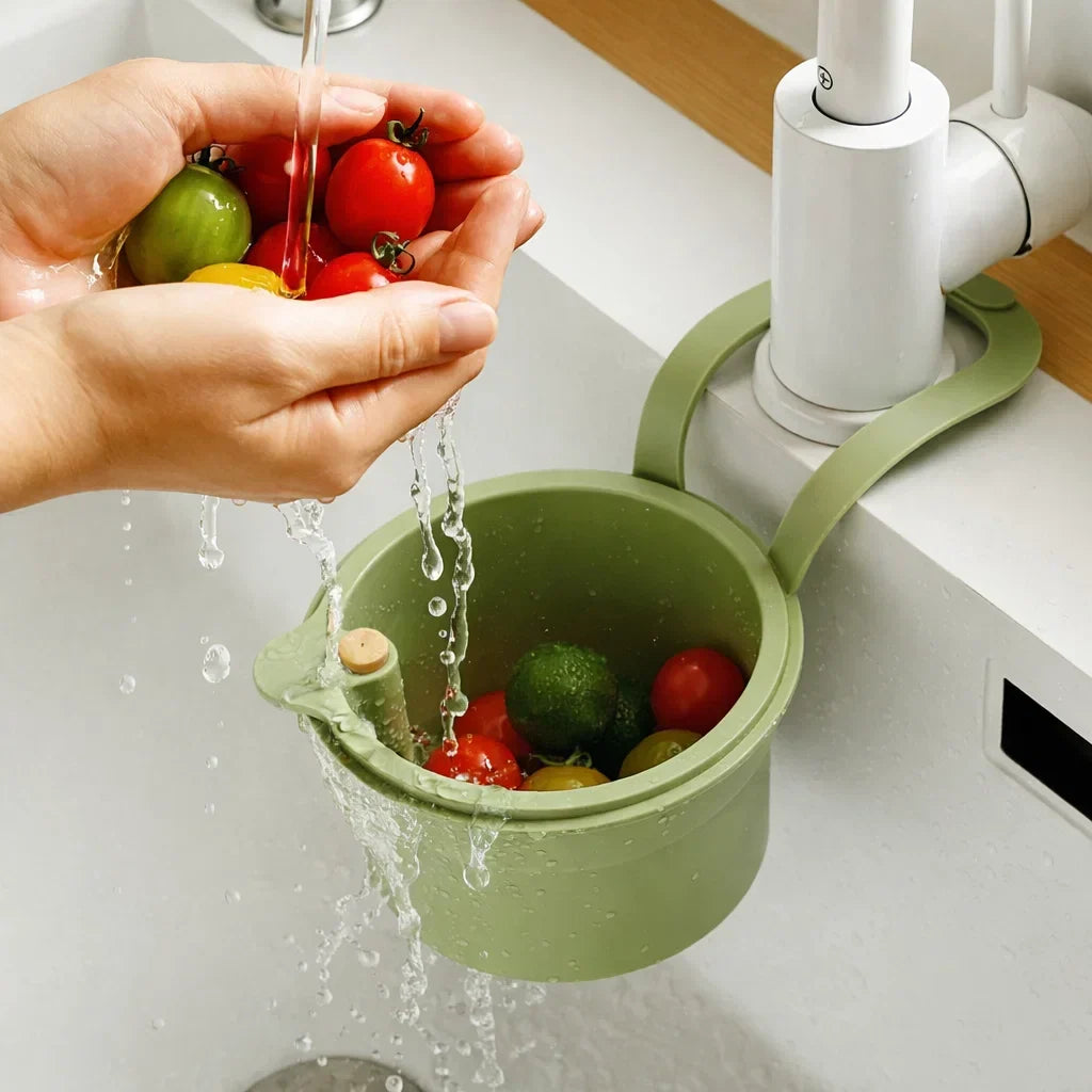 Mivoza hanging drain basket with two-part filter and one-click empty sink organizer, designed for kitchen sink drainage.