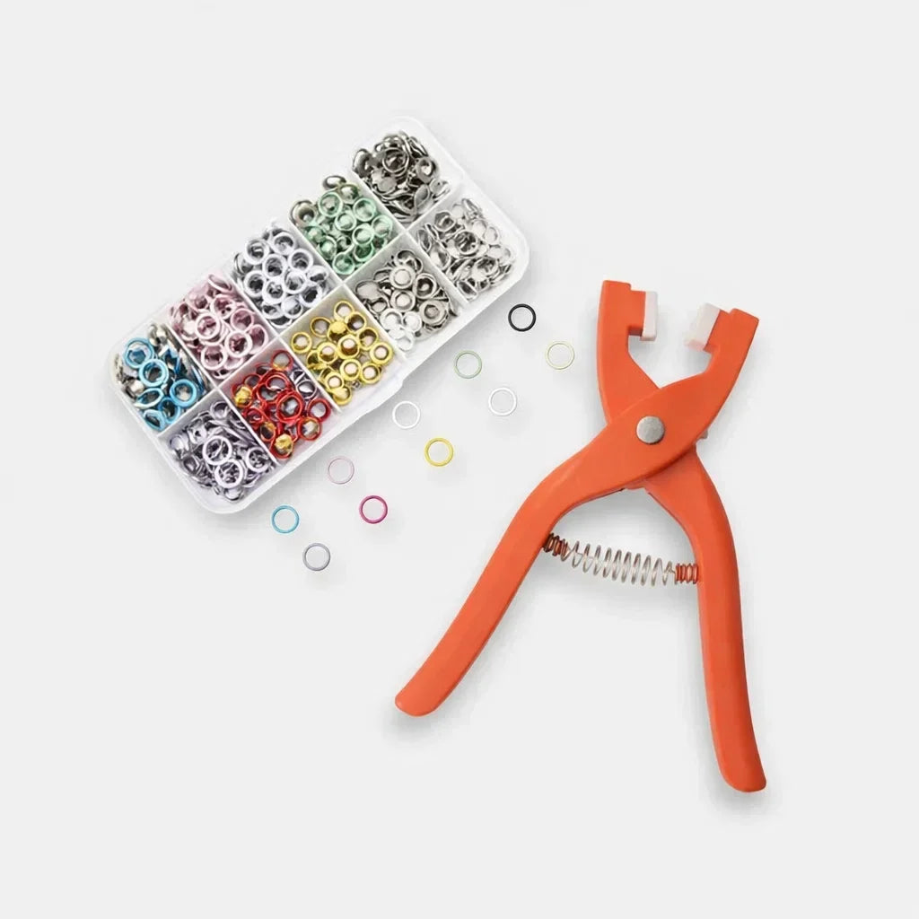 Mivoza snap button pliers set with multiple sizes for easy fabric button installation, no sewing required, hand tool for craft projects.