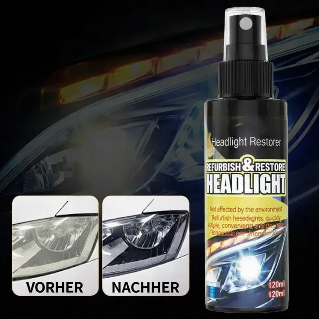Mivoza headlight restoration spray for cars, clears yellowed headlights, provides UV protection, and is quick to apply.