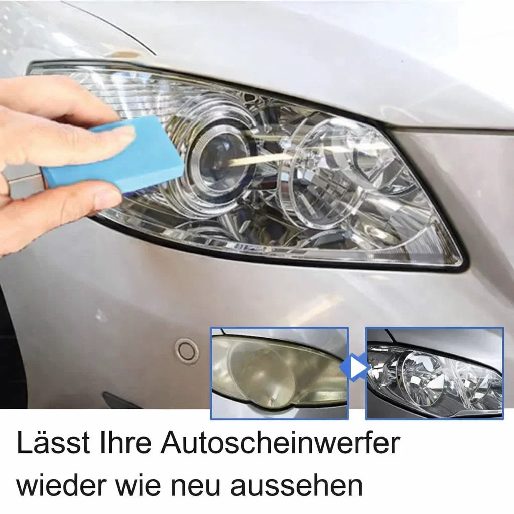 Mivoza headlight restoration spray for cars, showing clear and yellowed headlights with UV protection, ready for fast application.
