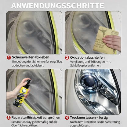 Mivoza headlight restoration spray bottle showing clear, yellowed headlights with UV protection in an automotive car care setting.