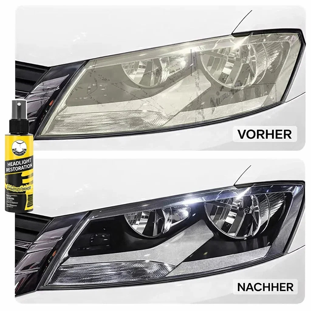 Mivoza headlight restoration spray applying clear, UV-protected formula to yellowed car headlights in a close-up image.