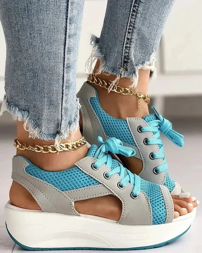 Belro contrast paneled cutout lace-up muffin sandals showing the stylish design and textured details on the footwear.