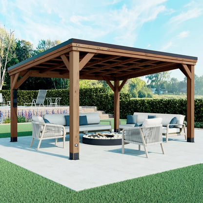 Cedar wood backyard gazebo with 12x9.5-foot Arcadia design, steel roof, and PowerPort™ by Casavibeo, shown with open sides and outdoor setting.