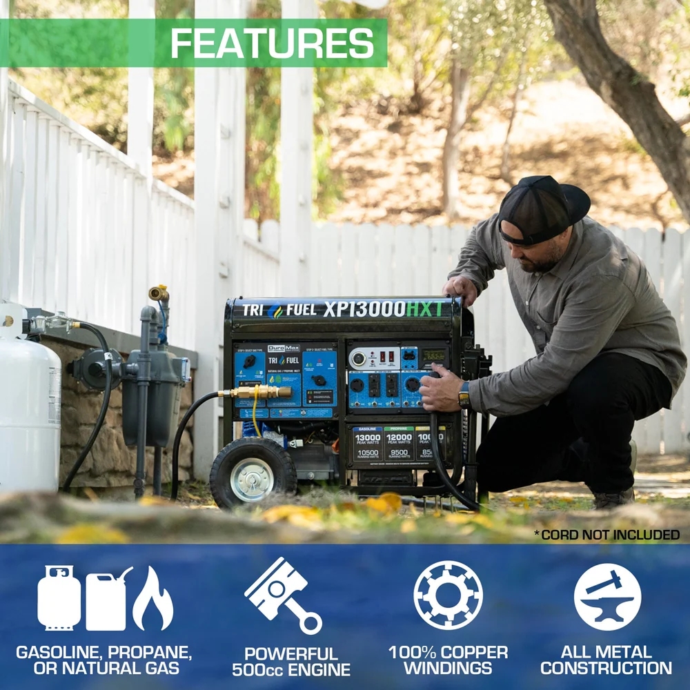 DuroMax XP13000HXT tri-fuel generator with remote start, gasoline, propane, and natural gas options, black and silver design.