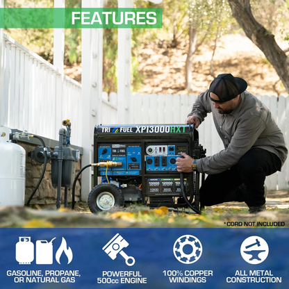 DuroMax XP13000HXT tri-fuel generator with remote start, gasoline, propane, and natural gas options, black and silver design.