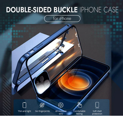Belro double-sided buckle iPhone case with sleek design and secure closure, showing the front and back of the protective electronics accessory.