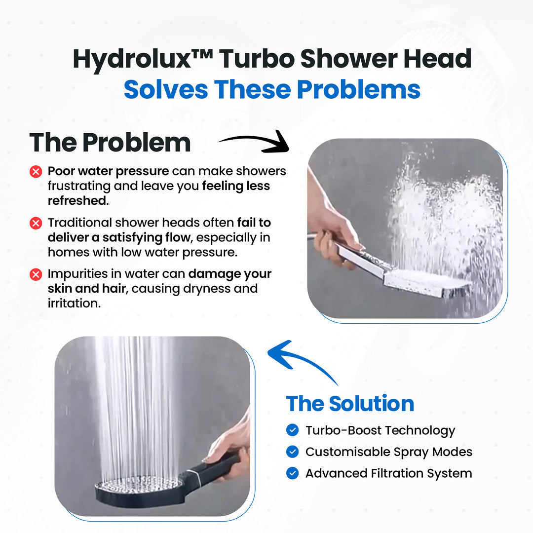 BowLift high-pressure shower head with Turbo Boost technology and water filtration, shown mounted in a modern bathroom.