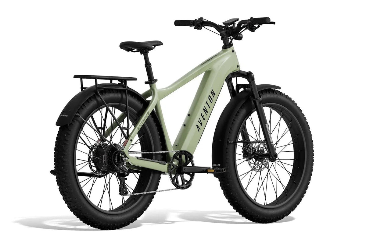 Aventon Aventure 3 electric bike in Matcha green, rear view showing frame, wheels, and rear suspension.