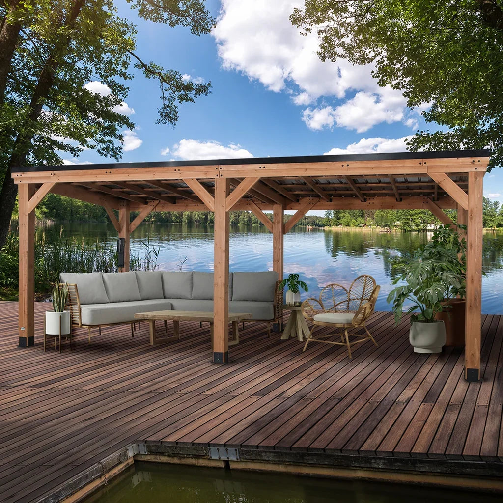 Cedar wood Arcadia Gazebo with steel roof and PowerPort™, 12x9.5 feet, outdoor backyard shelter by Casavibeo