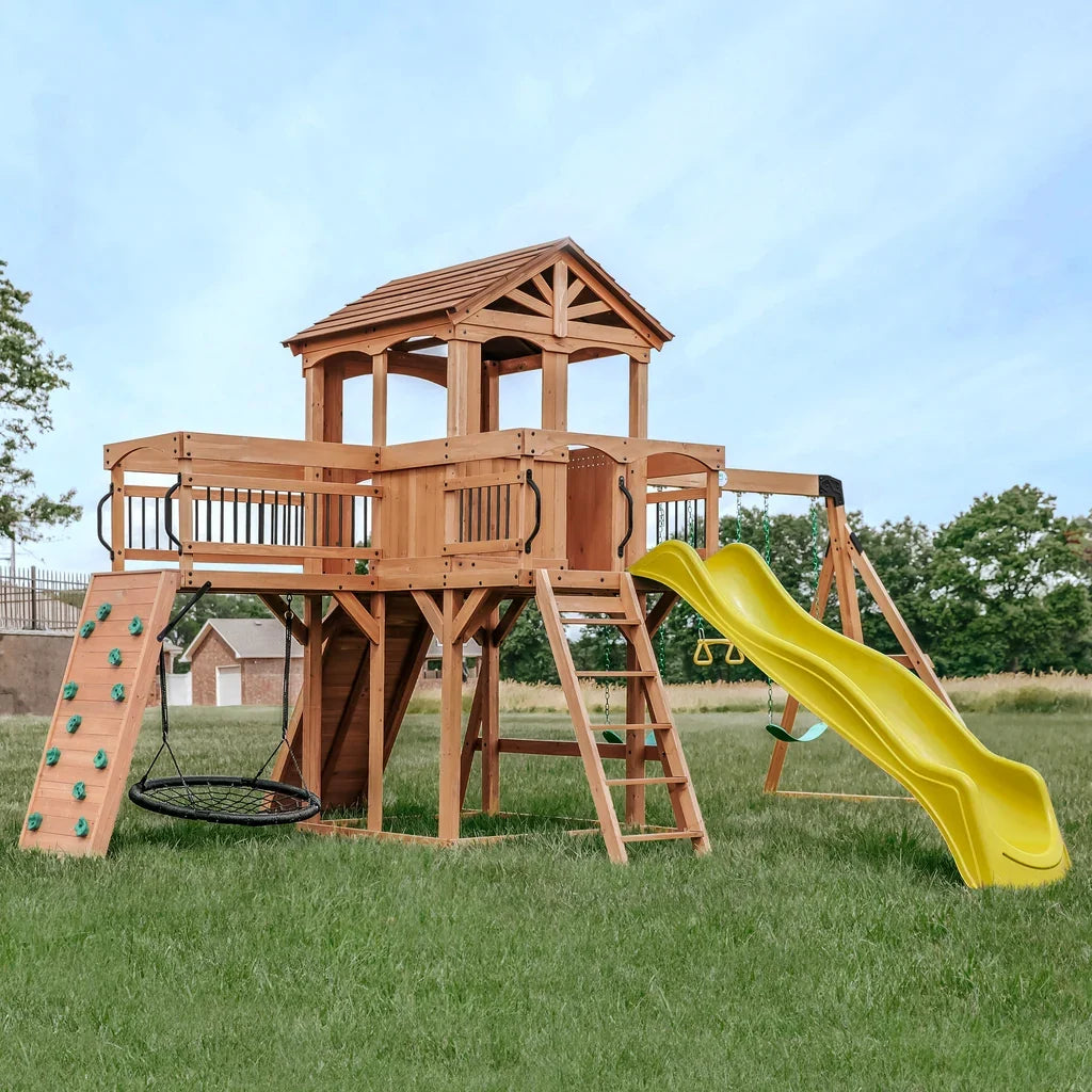 Yellow Sterling Point swing set by Casavibeo featuring two swings and a slide, ideal for backyard play and outdoor fun.