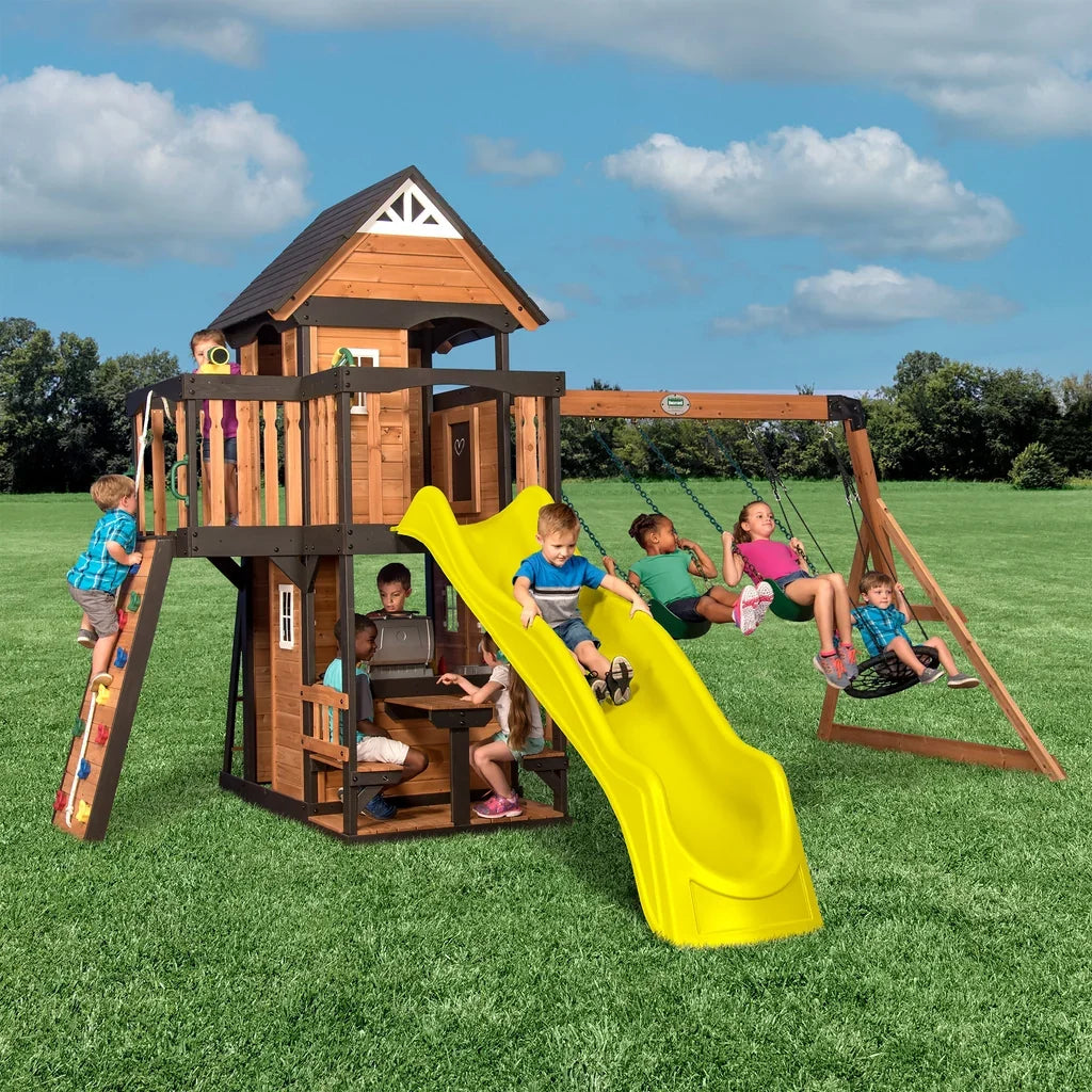 Casavibeo Canyon Creek Swing Set with two swings and a slide, featuring colorful plastic seats and sturdy wooden frame for backyard fun.