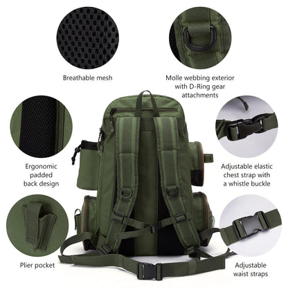 Belro waterproof fishing tackle backpack with multiple compartments, durable design, and adjustable straps for outdoor fishing adventures.