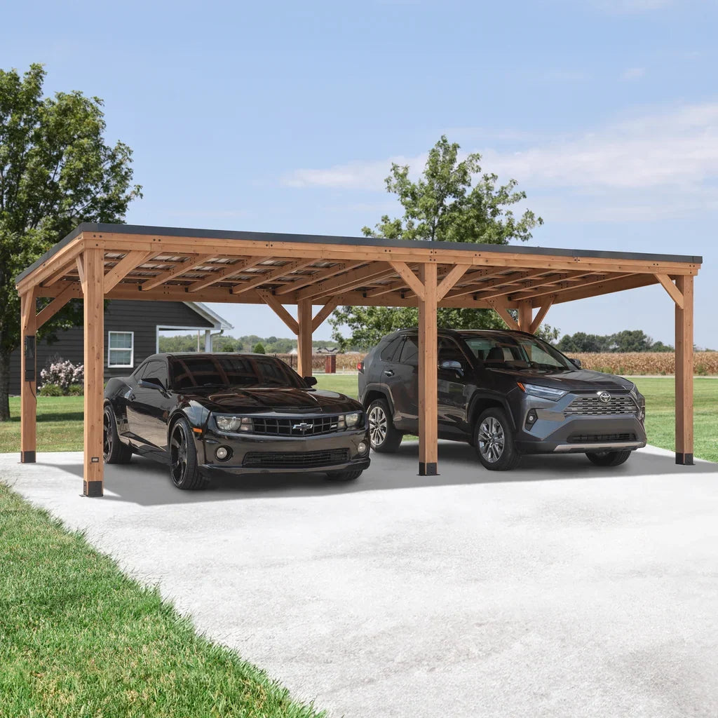 Casavibeo Backyard Discovery Arcadia cedar wood gazebo with steel roof and PowerPort™ in a backyard setting