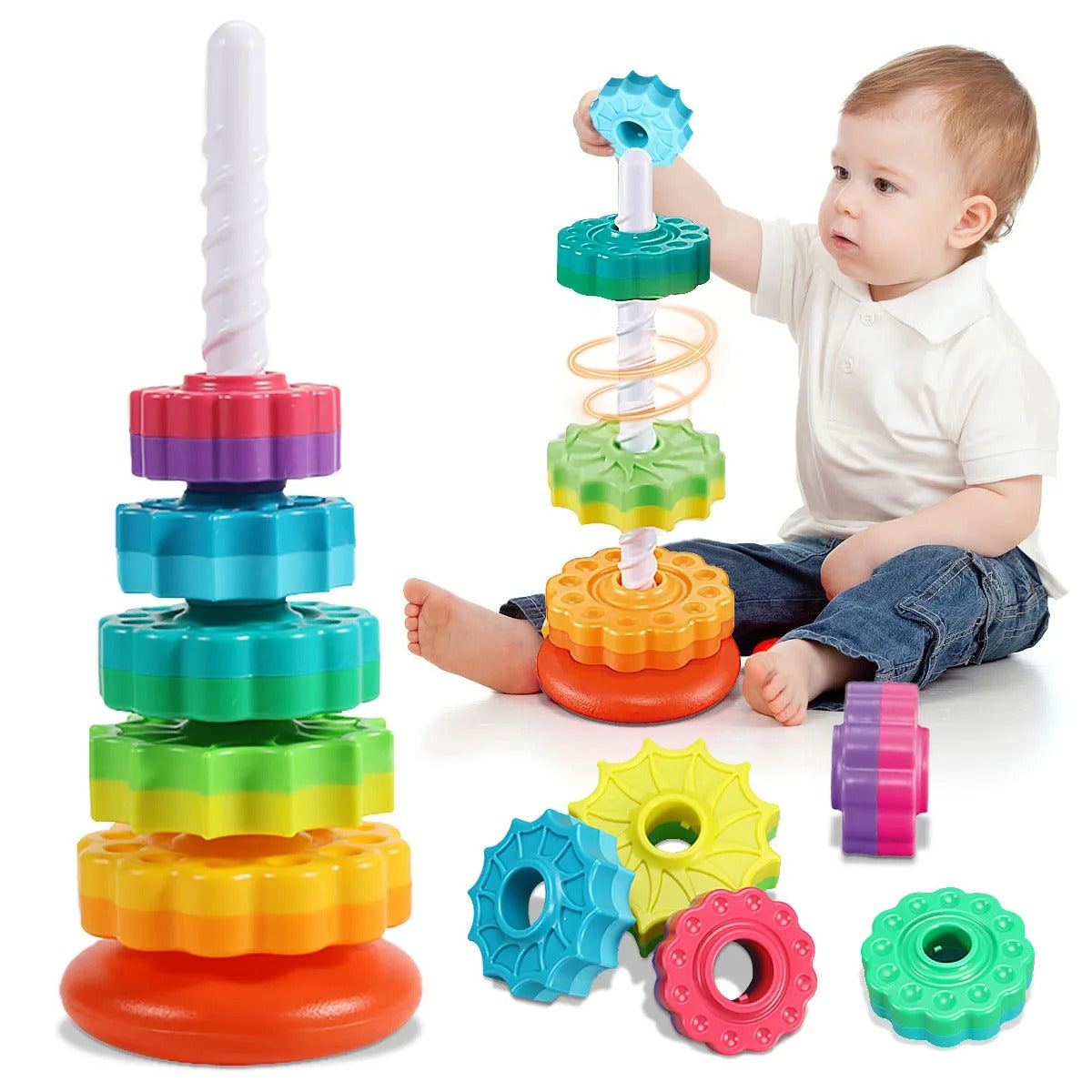 Colorful Belro stacking toys arranged in a playful display, showcasing vibrant shapes and sizes for children's entertainment.