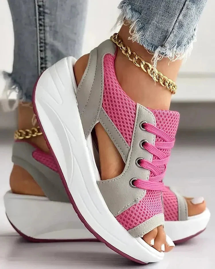 Belro contrast paneled lace-up muffin sandals with cutout design, stylish footwear for casual or summer wear.