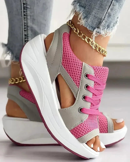 Belro contrast paneled lace-up muffin sandals with cutout design, stylish footwear for casual or summer wear.