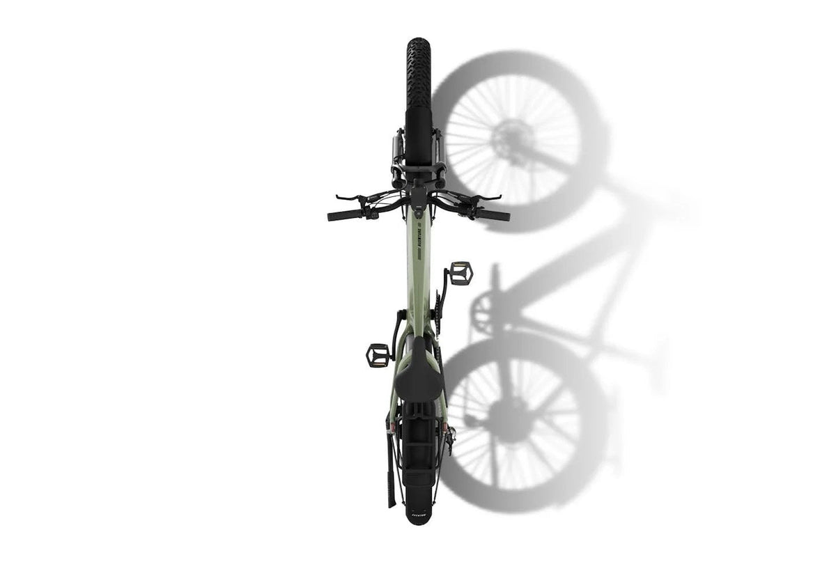 Aventon Aventure 3 electric bike with matcha green frame and tires, showcasing its rugged design and sturdy build.