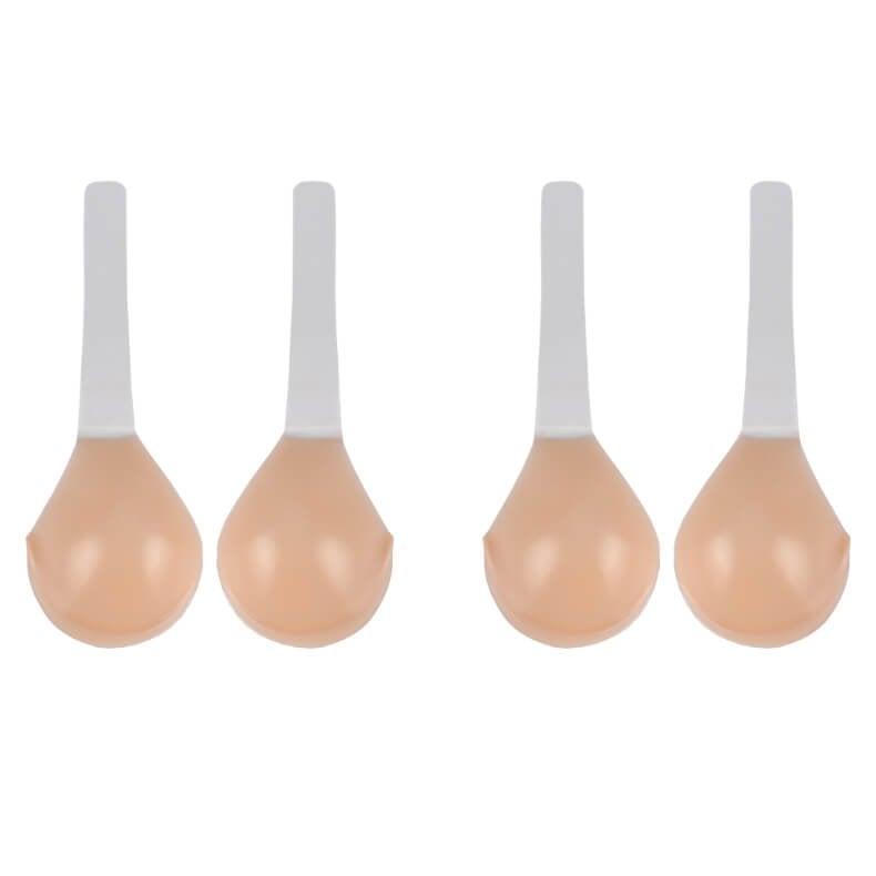 Women's BowLift invisible strapless adhesive bra with seamless low-back support, shown on a model wearing it under a backless dress.