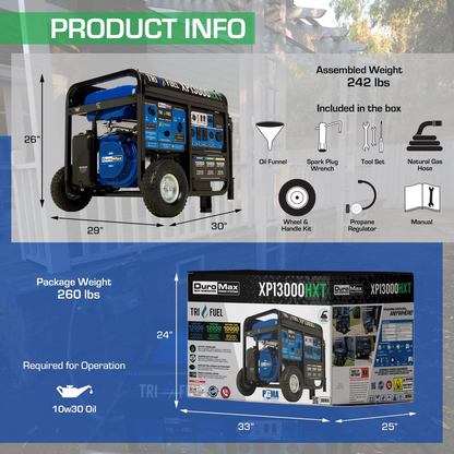 DuroMax XP13000HXT tri-fuel generator with remote start, showing gas and propane connections and control panel.