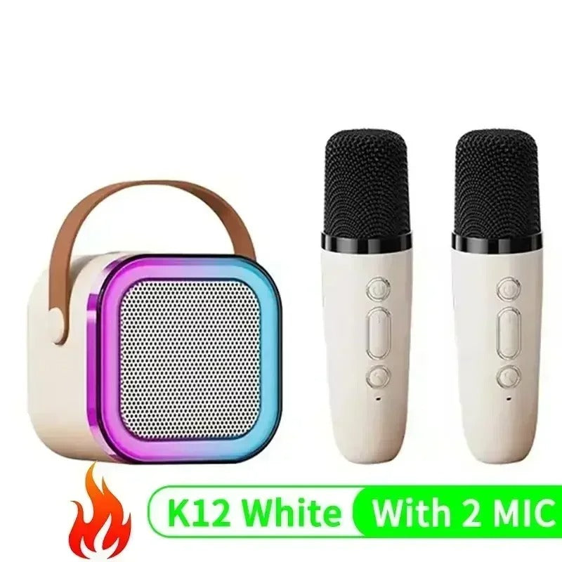 Belro portable karaoke machine with two microphones, compact electronic audio device for singing and entertainment.