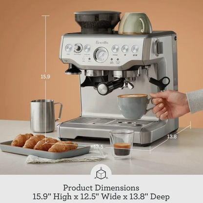 Casavibeo Breville Barista Express espresso machine in brushed stainless steel with portafilter and control panel visible