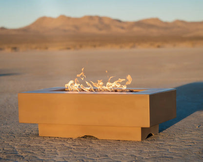 Casavibeo Del Mar Fire Pit in brown GFRG concrete, 84-inch outdoor fire feature with a stylish, modern design in a backyard setting.