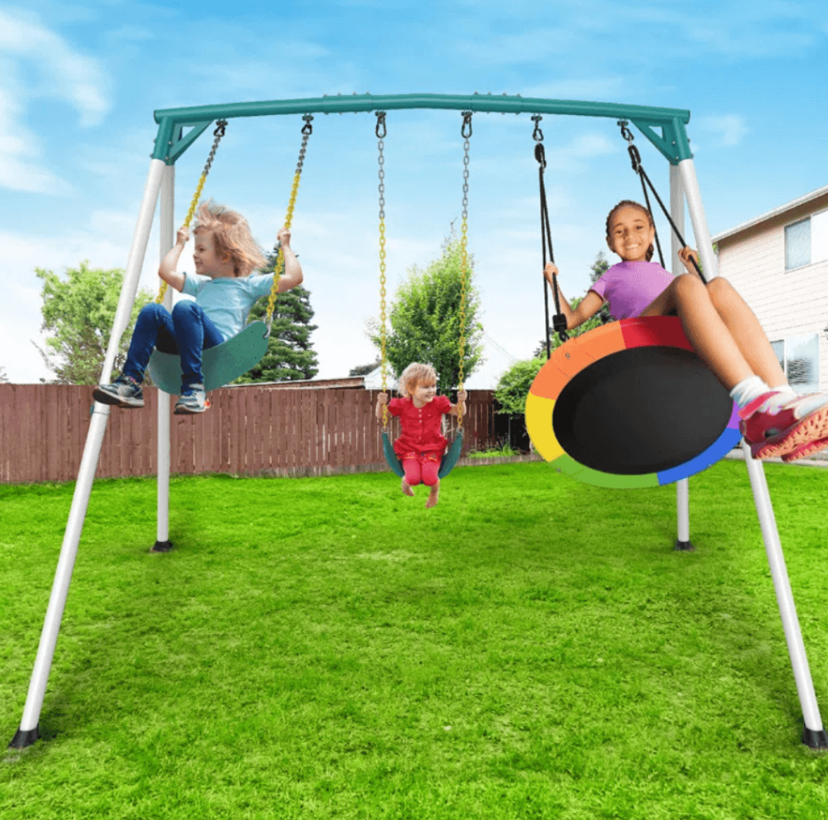Heavy-duty outdoor porch swing set by Casavibeo, featuring a sturdy wooden frame and cozy cushion for relaxing outdoor seating.