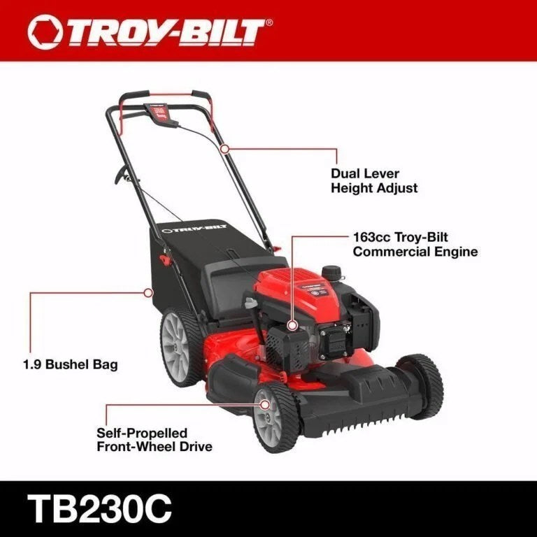 Casavibeo Troy-Bilt 21-inch 163cc 3-in-1 FWD self-propelled gas mower with grass catcher and adjustable cutting height.