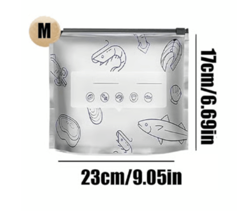 Mivoza aluminum foil food storage bags, reusable and eco-friendly, with airtight seal, shown in a kitchen setting.