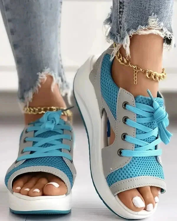 Belro contrast paneled cutout lace-up muffin sandals with open toe design, stylish footwear perfect for casual wear.