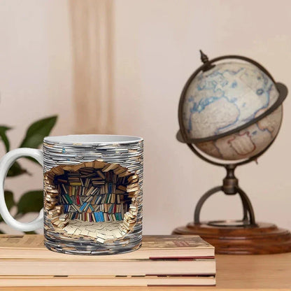 Belro 3D library bookshelf mug, coffee cup with book-themed design, perfect for book lovers and home kitchen decor.