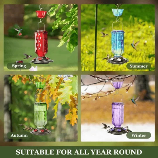 Belro 24oz leak-proof glass hummingbird feeder with colorful floral design for outdoor garden decoration