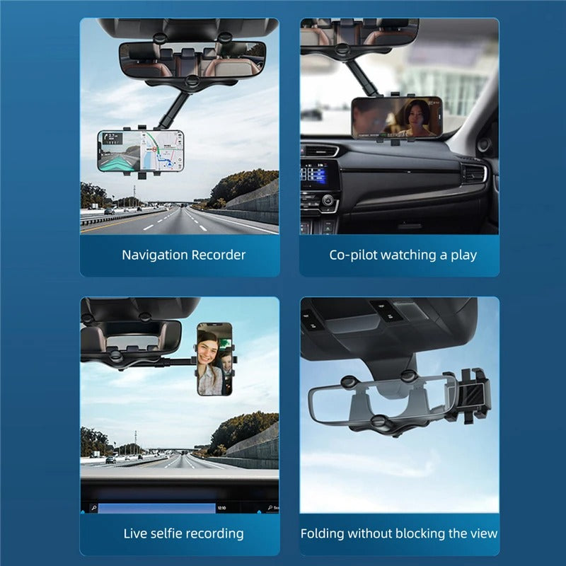 Belro rearview mirror phone holder attached to a vehicle mirror, designed for hands-free phone use during driving.