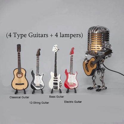 Belro vintage metal microphone robot with guitar lamp, decorative audio-themed figurine, and retro microphone design.