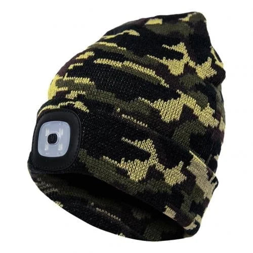Belro LED Beanie Light showing its built-in LED flashlight embedded in a warm knit beanie for hands-free illumination