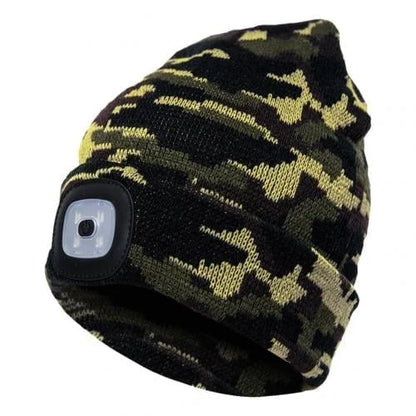 Belro LED Beanie Light showing its built-in LED flashlight embedded in a warm knit beanie for hands-free illumination