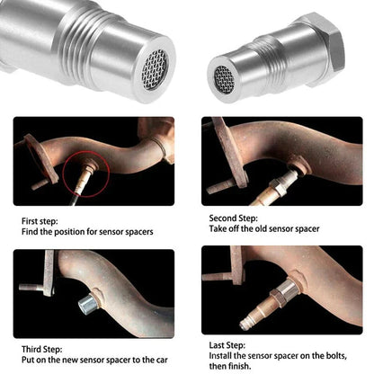 Automotive Belro O2 sensor adapter M18x1.5 for check engine light fix and CEL elimination, shown on a car part.