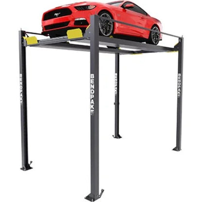 Casavibeo BENDPAK HD-7PXW 7,000-lb heavy-duty car lift with sturdy metal arms and safety features, shown in a workshop setting.