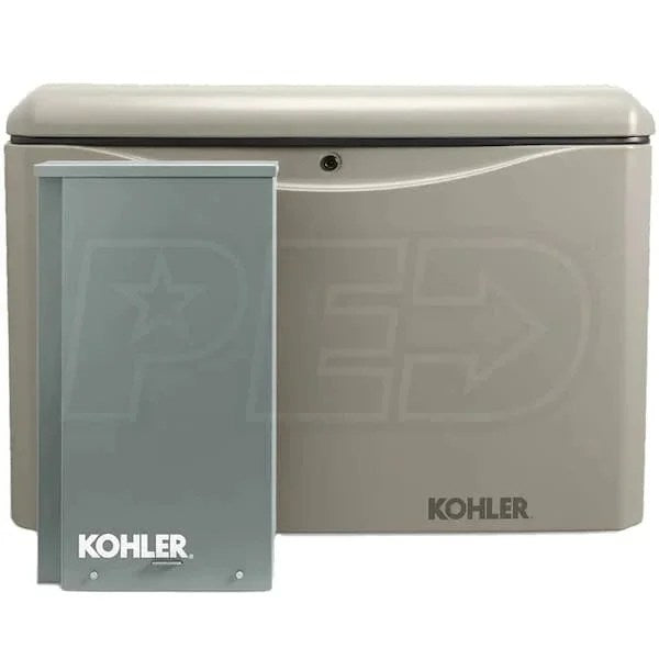 Kohler 20RCAL-200SELS 20kW aluminum standby generator system with 200A service disconnect and load shedding, installed outdoors.