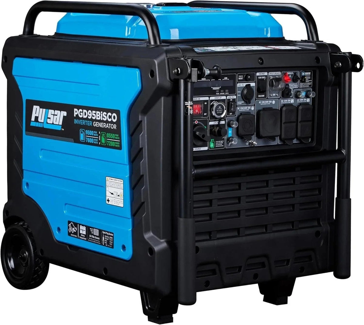 Casavibeo Pulsar PGD95BISCO inverter generator showing a compact, portable generator with control panel and fuel tank.