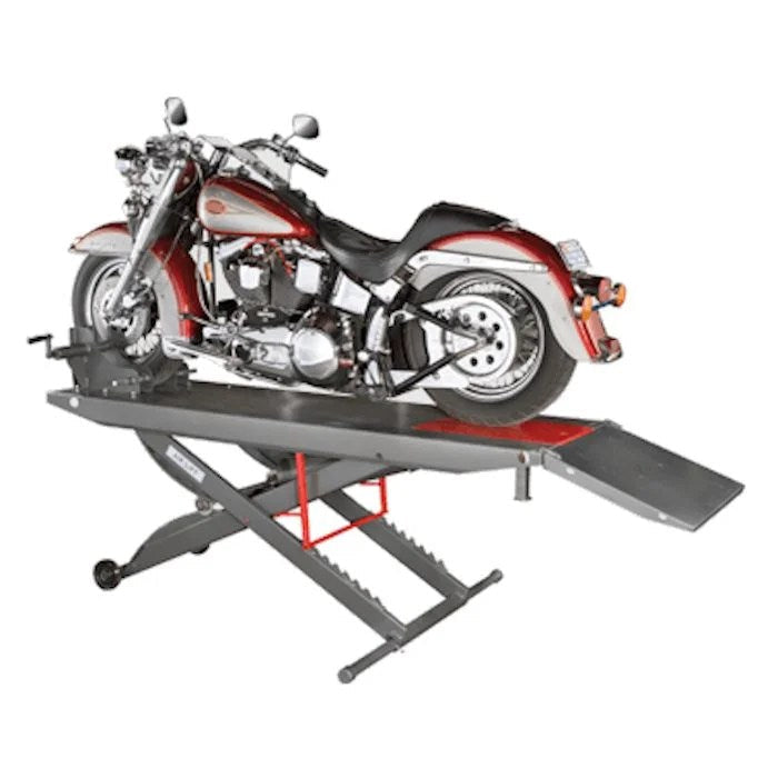 Casavibeo Ranger motorcycle lift platform with sturdy metal construction and safety lock for easy motorcycle maintenance.