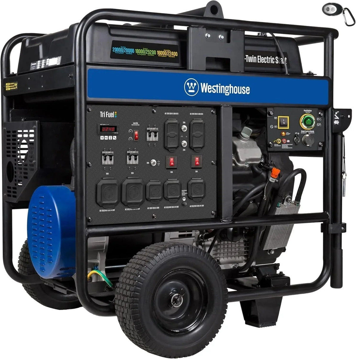 Westinghouse 28,000/20,000-watt tri-fuel portable generator with control panel and fuel tanks, shown in a clean outdoor setting.