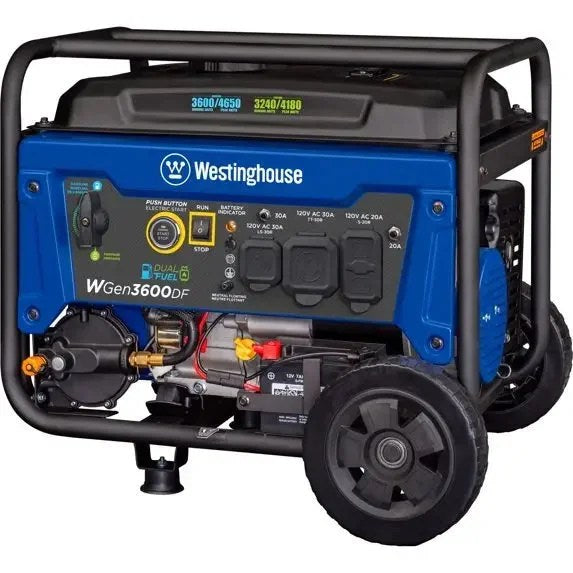 Westinghouse 4650W dual fuel portable generator with remote electric start and RV outlets, perfect for outdoor power needs.