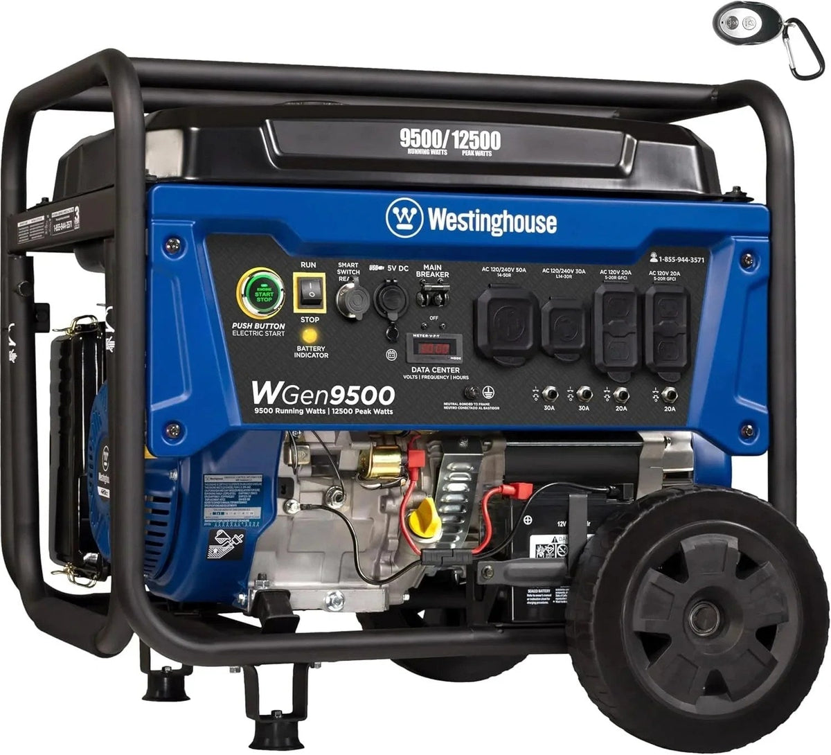 Westinghouse 9500 Peak Watt portable gas generator for home backup, shown in a natural outdoor setting