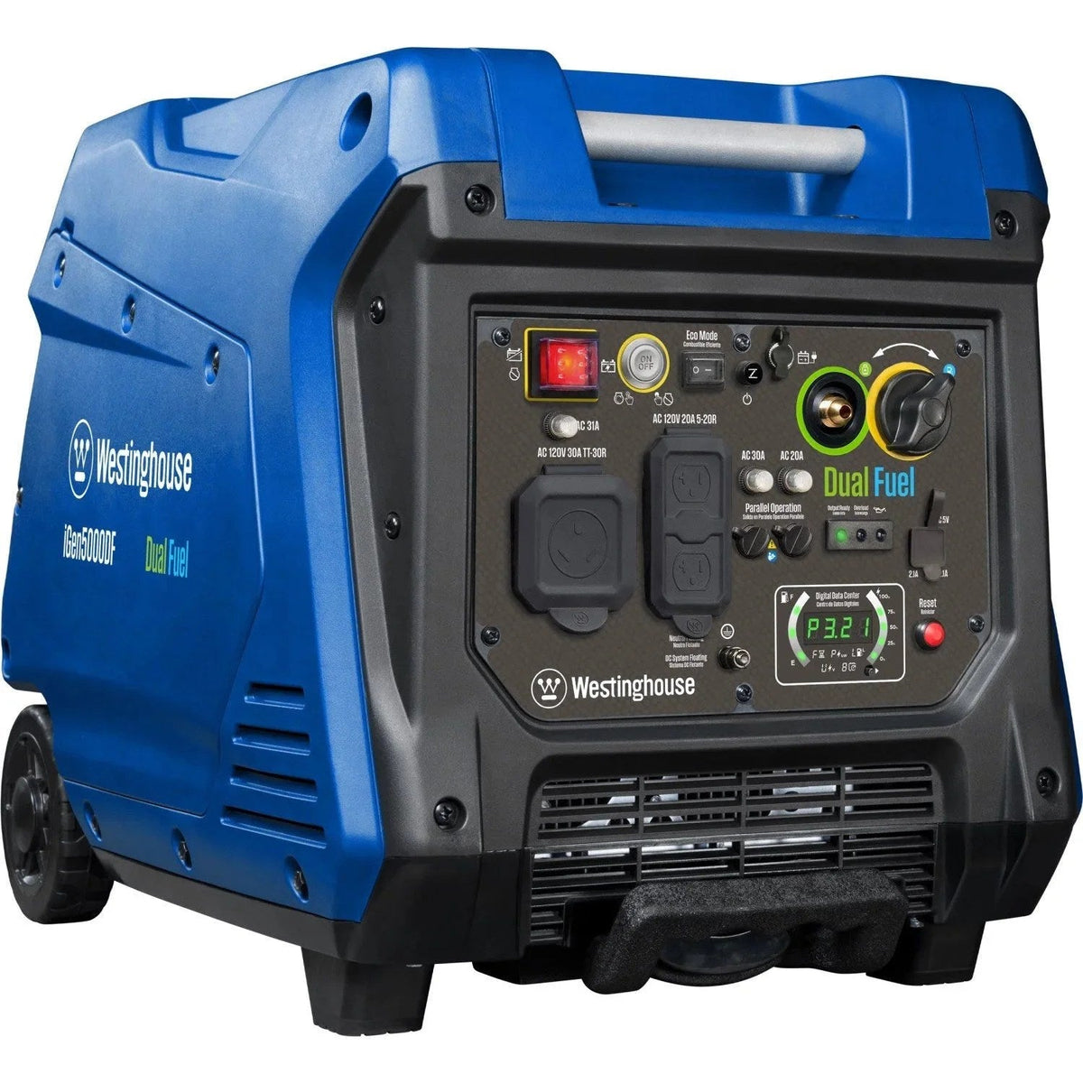 Casavibeo Westinghouse iGen5000DF 5000 Watt portable inverter generator with dual fuel capability and digital display.